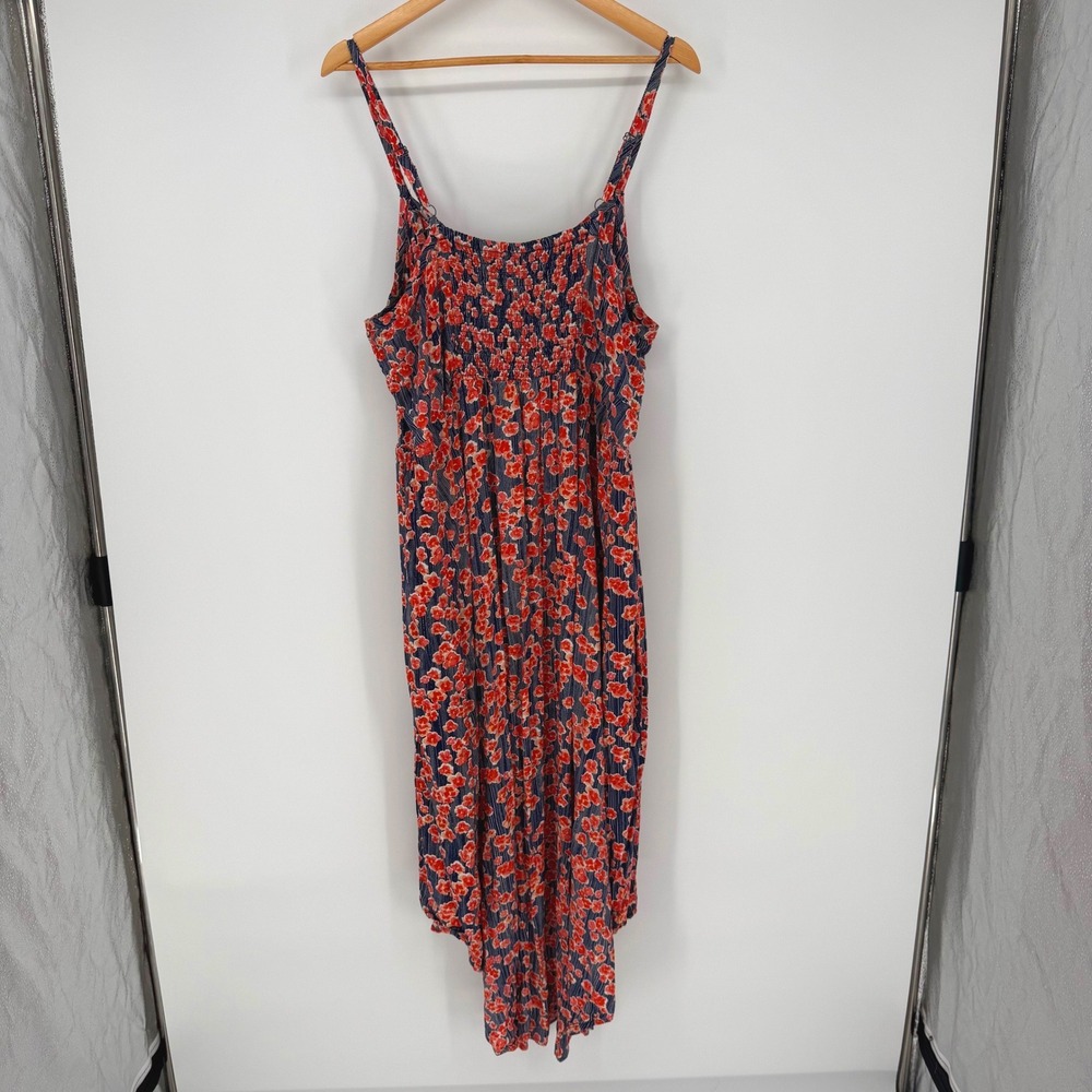Torrid Womens 3 Floral High Low Midi Dress Navy Blue Orange Button Front Smocked - Picture 4 of 6